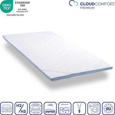 Cold foam topper CloudComfort Cool 100 x 200 cm H2/H3, height 7 cm, firmness level H2/H3, 7-zone topper with summer and winter side