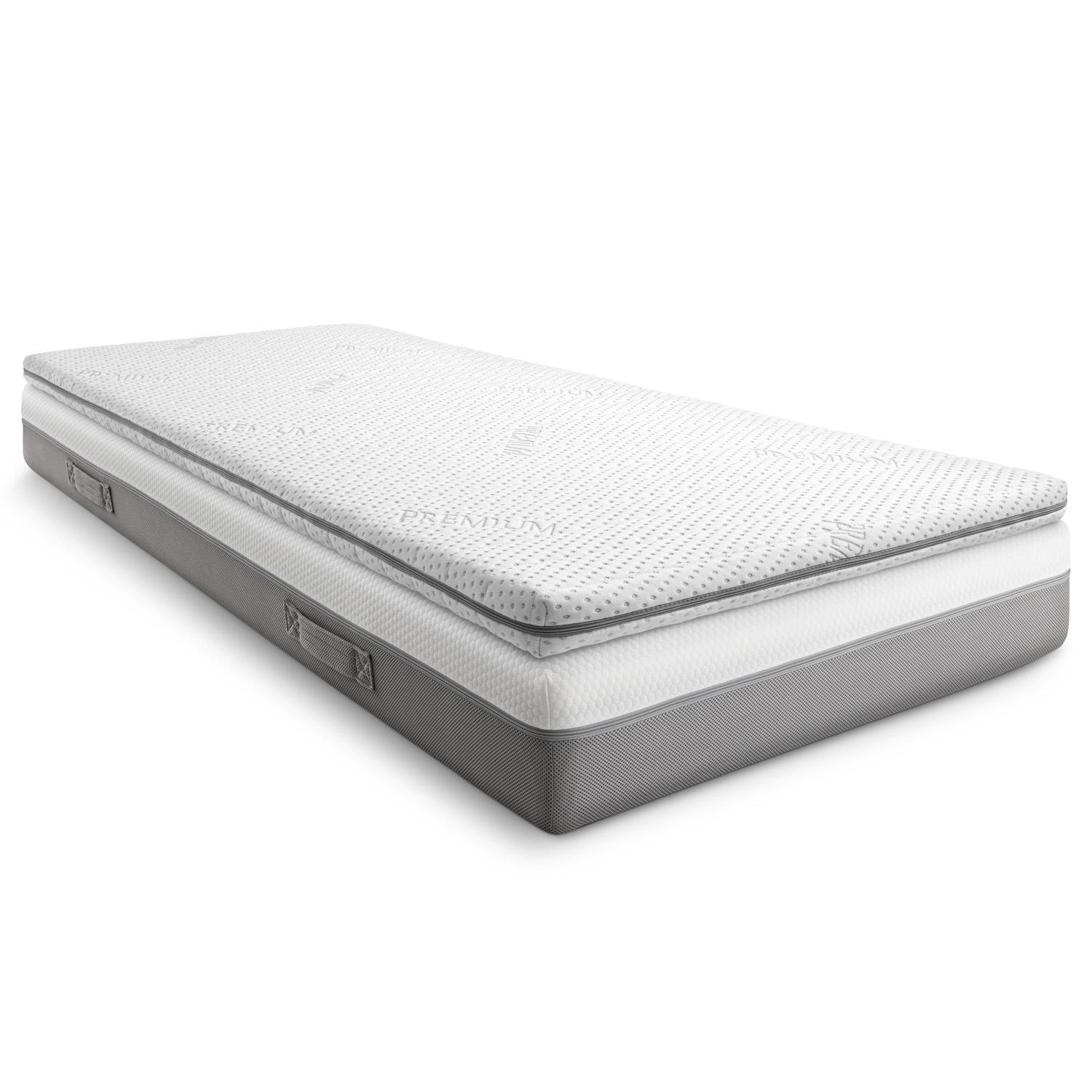 Im Schlafzimmer – Supportho Premium Topper 120 x 200 cm H3 + CloudComfort Basic Gel-Flocken Kissen 40 x 80 cm