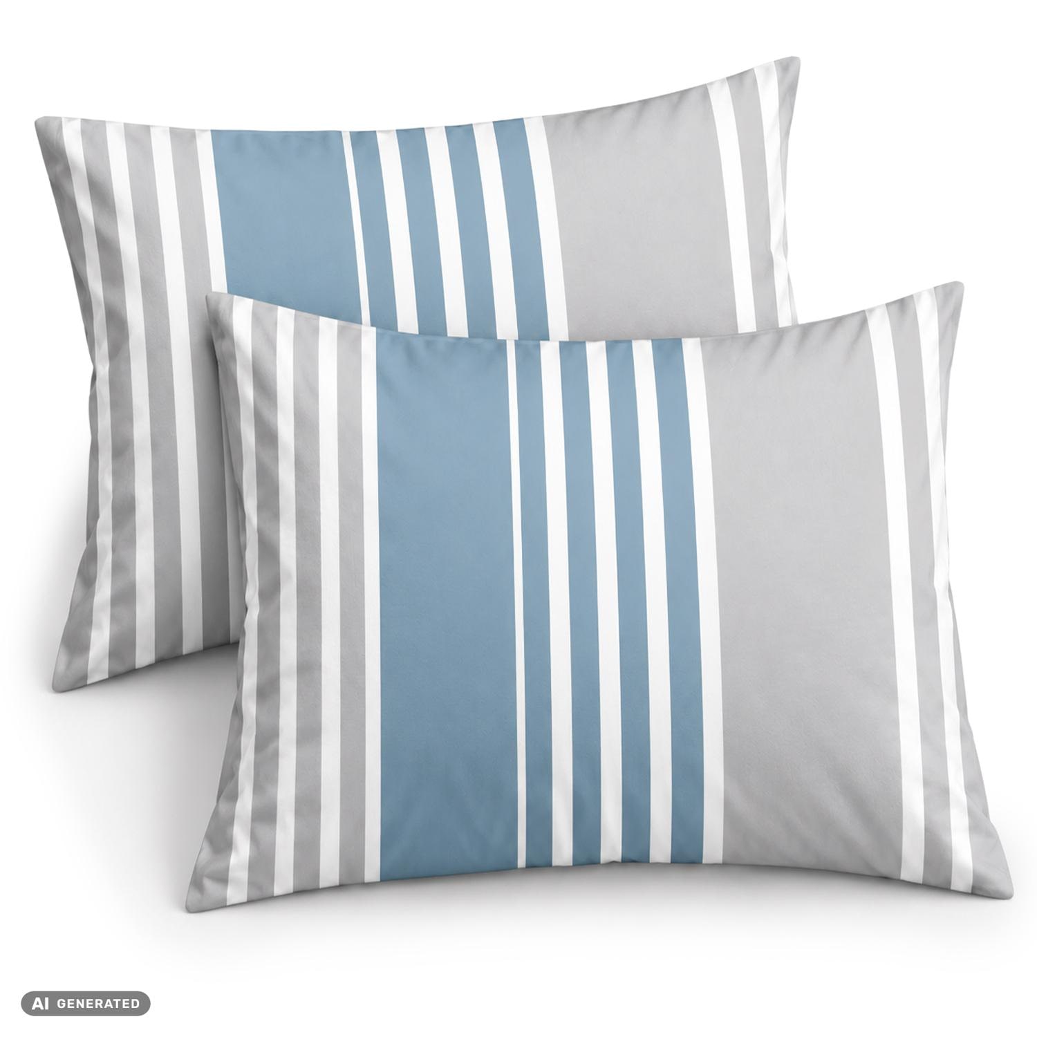 CloudComfort Basic Baumwoll Kissenbezug blau/grau gestreift 2er-Set 70 x 90 cm