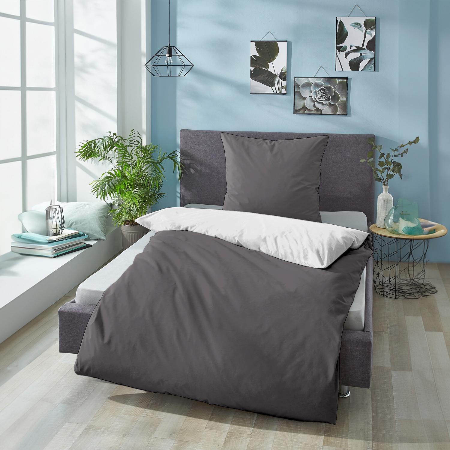Double pack Sleezzz® Renforcé reversible bed linen dark gray/white 135 x 200 + 80 x 80 cm