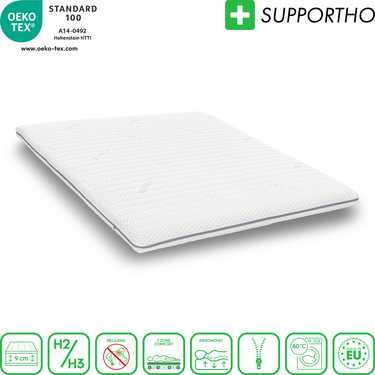 Topper de espuma fria premium Supportho 140 x 200 cm H3, altura 9 cm, grau de dureza H3 com cobertura antibacteriana