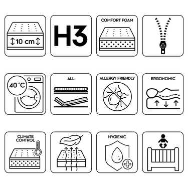 Comfort foam mattress K10 80 x 200 cm, height 10 cm, firmness level H3, twin set