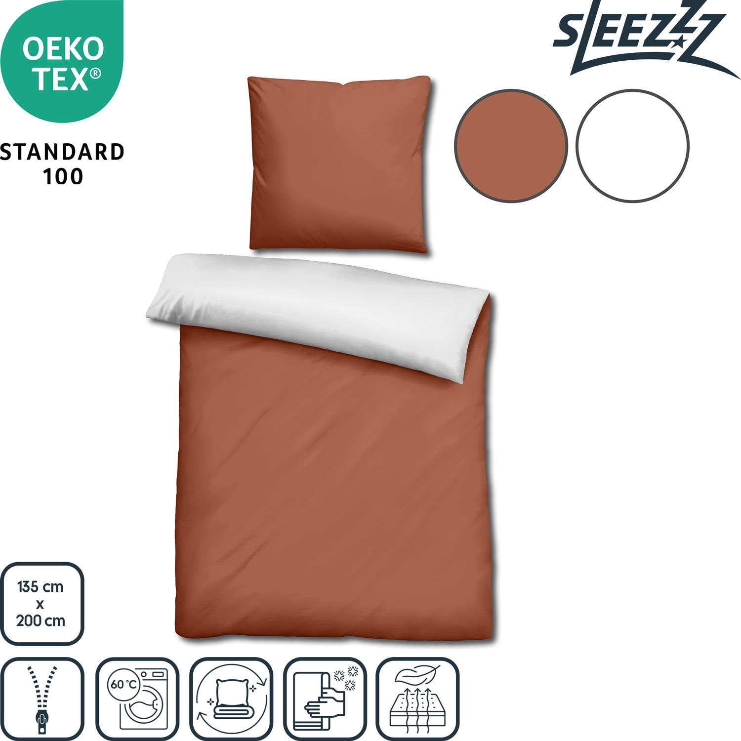 Features as icons – Double pack Sleezzz® Renforcé reversible bed linen brown/white 135 x 200 + 80 x 80 cm