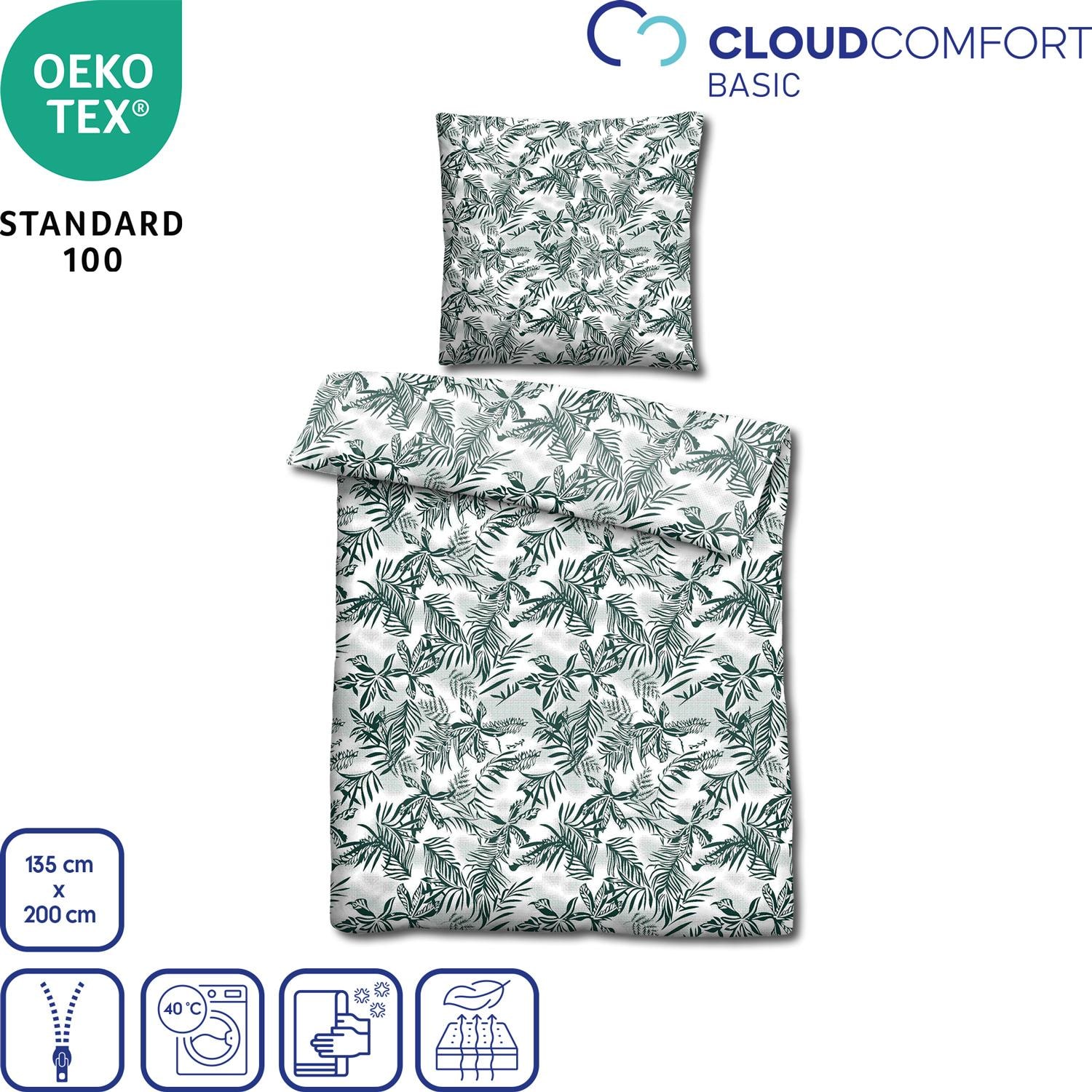 Features as icons – CloudComfort Basic microfiber bed linen green leaves 135 x 200 + 80 x 80 cm