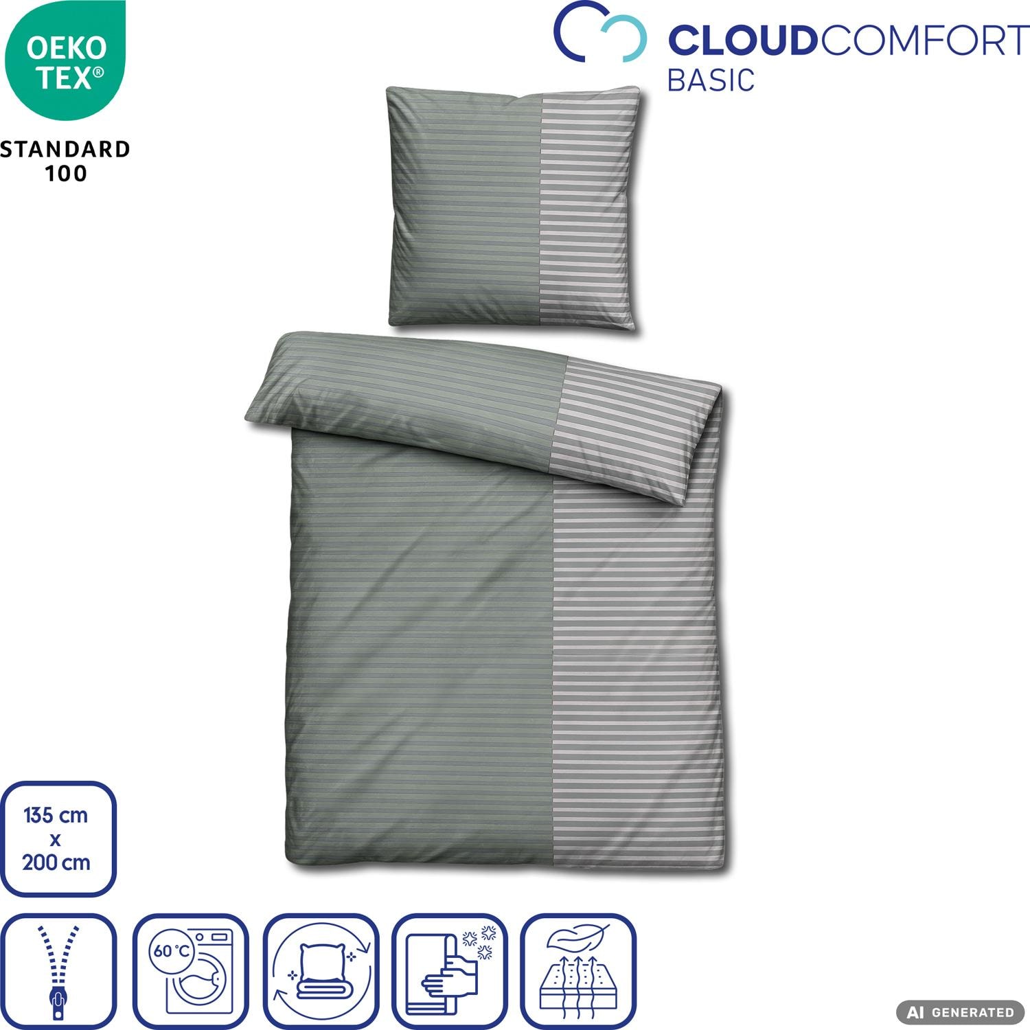 CloudComfort Renforcé Bettwäsche grau/grün gestreift 135 x 200 + 80 x 80 cm