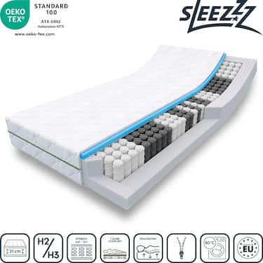 7-zone pocket spring mattress Sleezzz Smart 90 x 200 cm, height 21 cm, firmness level H2/H3 + mattress topper / mattress topper 90 x 200 cm