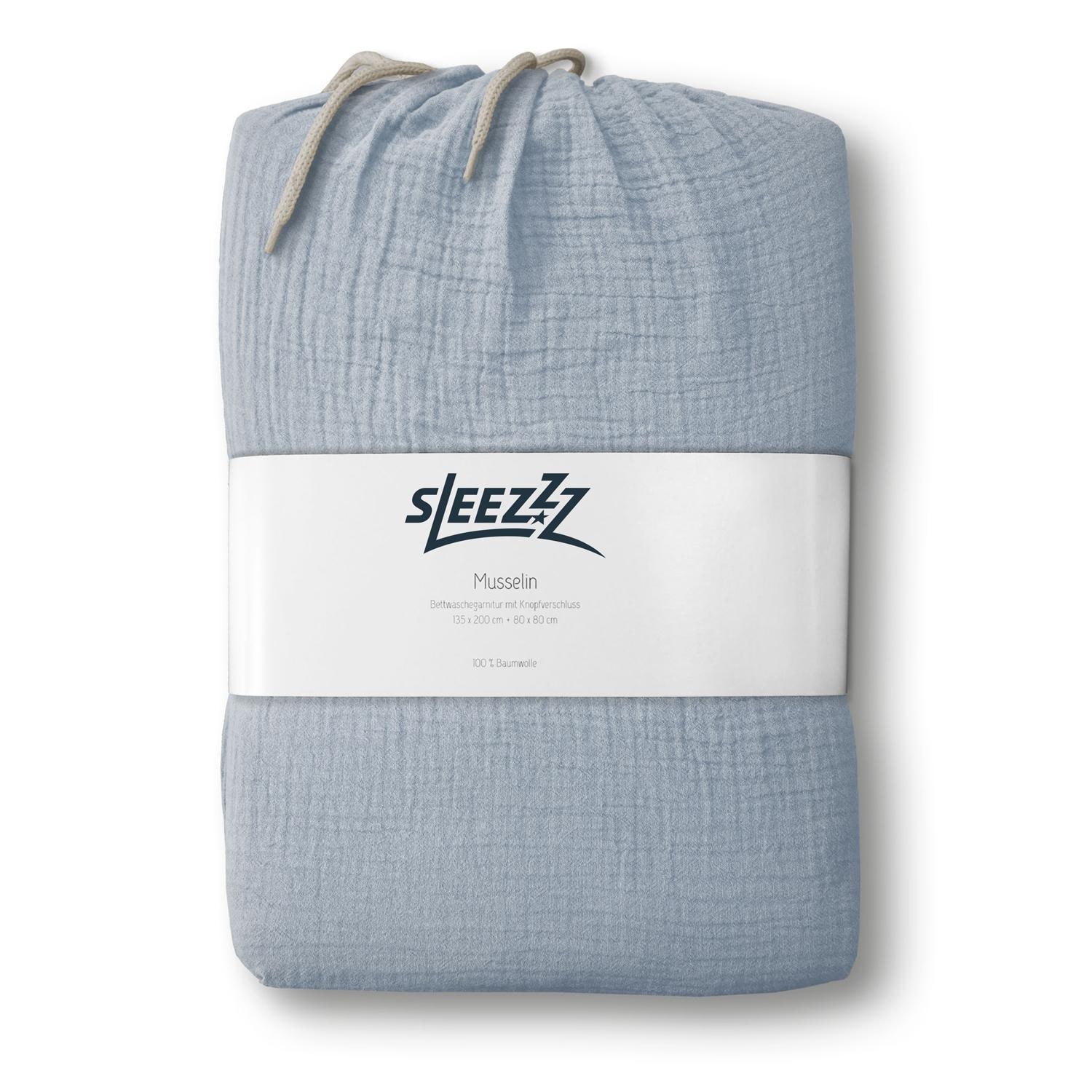 Teslim şekli – Çift kişilik paket Sleezzz® muslin nevresim mavi 135 x 200 cm + 80 x 80 cm