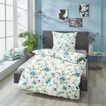 Doppelpack CloudComfort Basic Mikrofaser Bettwäsche blaue Blumen 135 x 200 + 80 x 80 cm