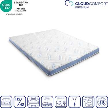 Cold foam topper CloudComfort Cool 120 x 200 cm H2/H3, height 7 cm, firmness level H2/H3, 7-zone topper with summer and winter side