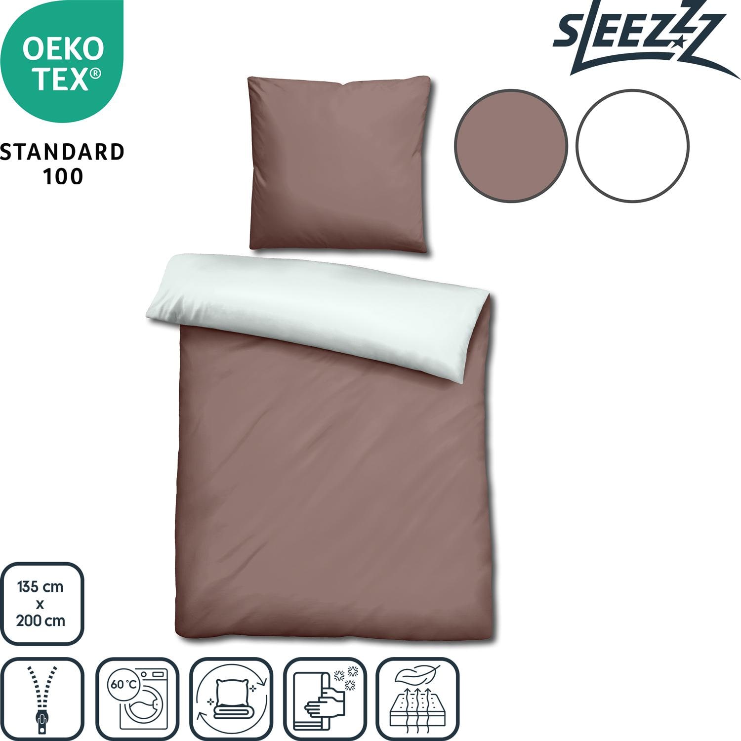 Features as icons – Double pack Sleezzz® Renforcé reversible bed linen light brown/white 135 x 200 + 80 x 80 cm
