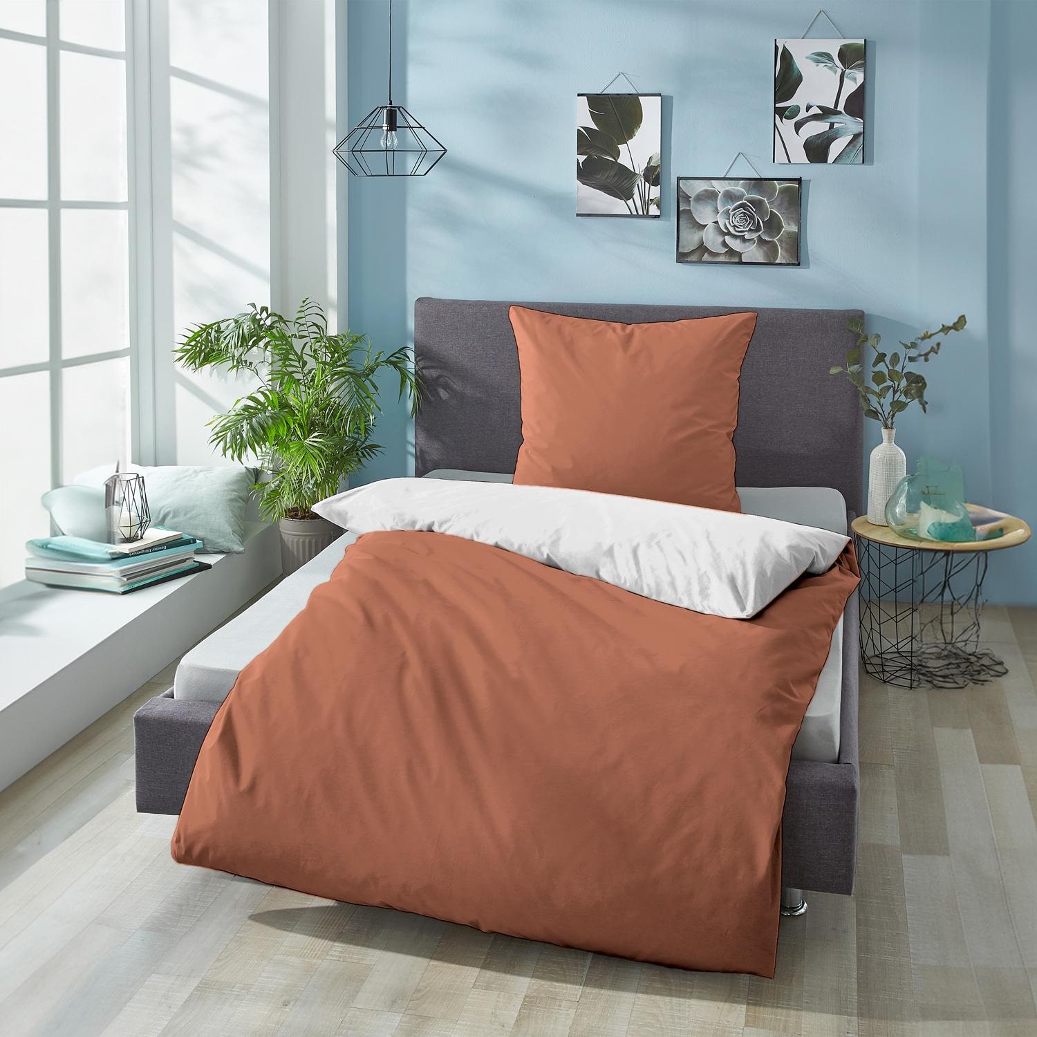 Double pack Sleezzz® Renforcé reversible bed linen brown/white 135 x 200 + 80 x 80 cm