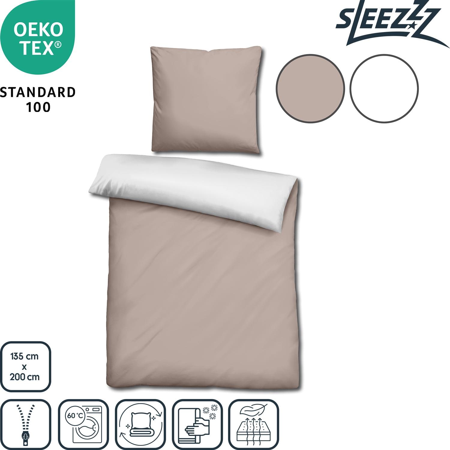 Features as icons – Double pack Sleezzz® Renforcé reversible bed linen beige/white 135 x 200 + 80 x 80 cm
