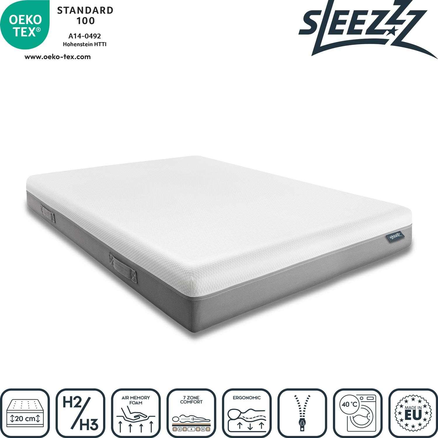 Στρώμα ιξωδοελαστικού τύπου Sleezzz Premium 140 x 200 εκ., ύψος 20 εκ., βαθμός σκληρότητας H2/H3, με λαβές αναστροφής + μαξιλάρι στήριξης αυχένα Sleezzz® Cool Gel-Schaum Kontur 40 x 60 x 16 εκ.