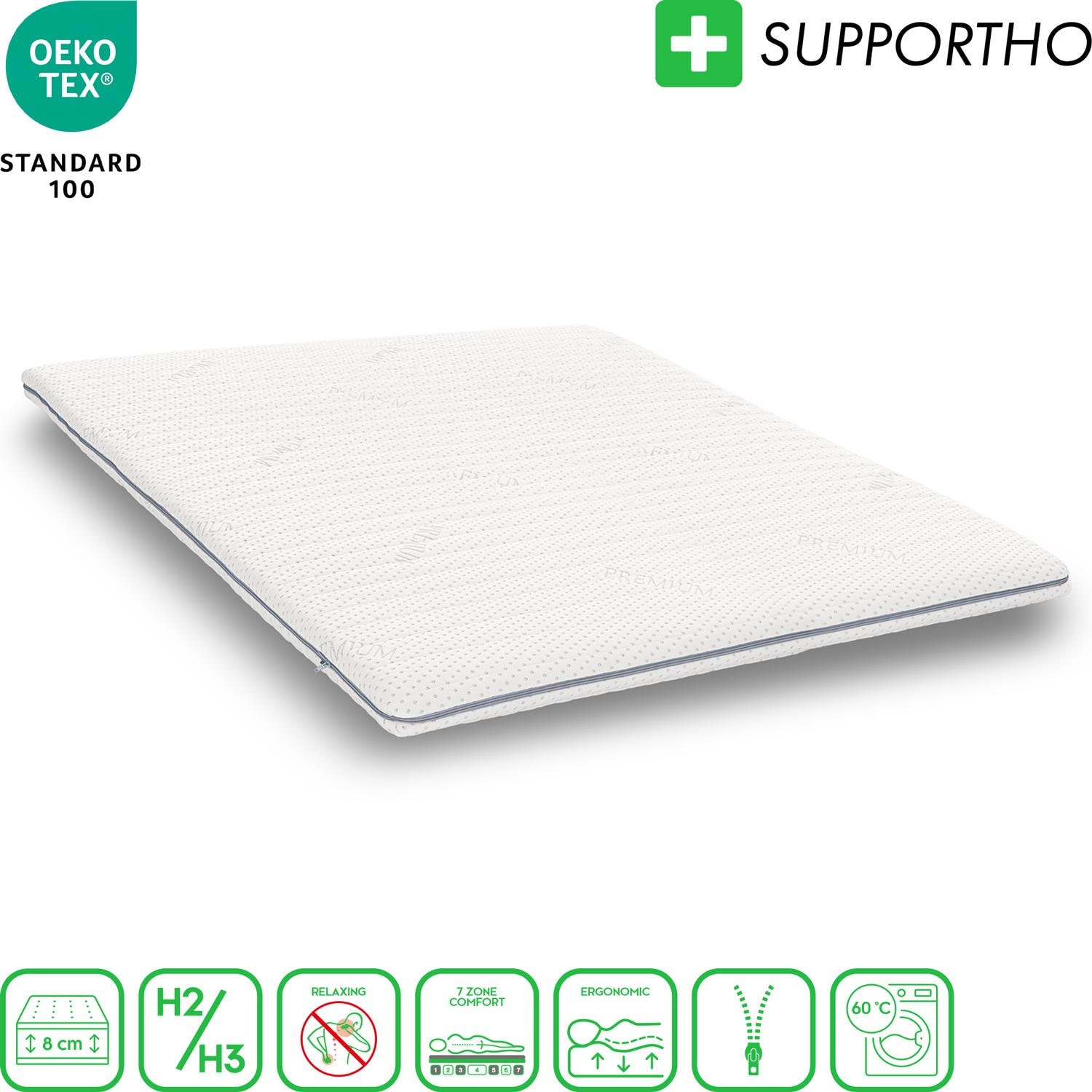 Kaltschaumtopper Supportho Premium Topper 120 x 200 cm H3, Höhe 8 cm, Härtegrad H3 mit antibakteriellem Bezug