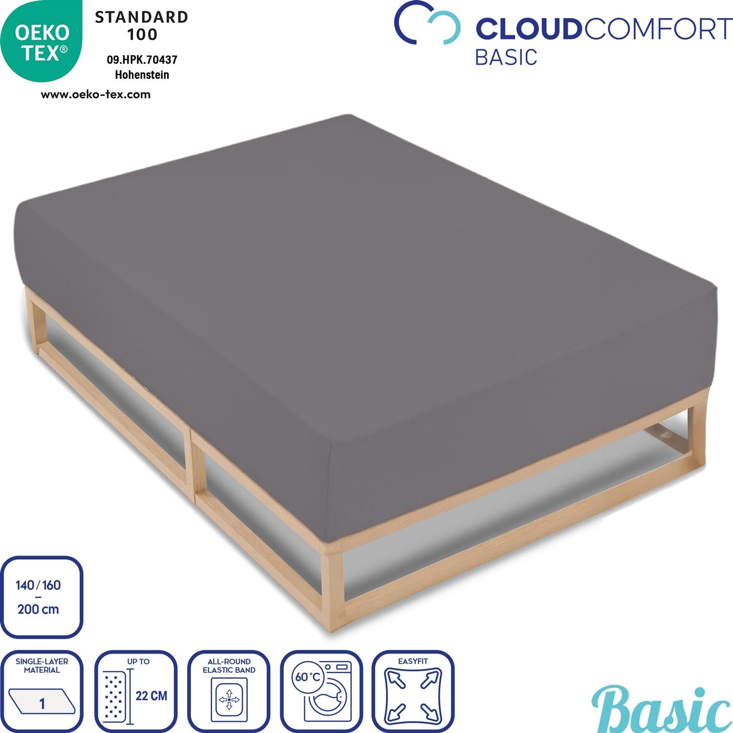 CloudComfort Basic lepedő alapfelszereltség mez sztreccs sötétszürke 140 x 190 - 160 x 200 cm