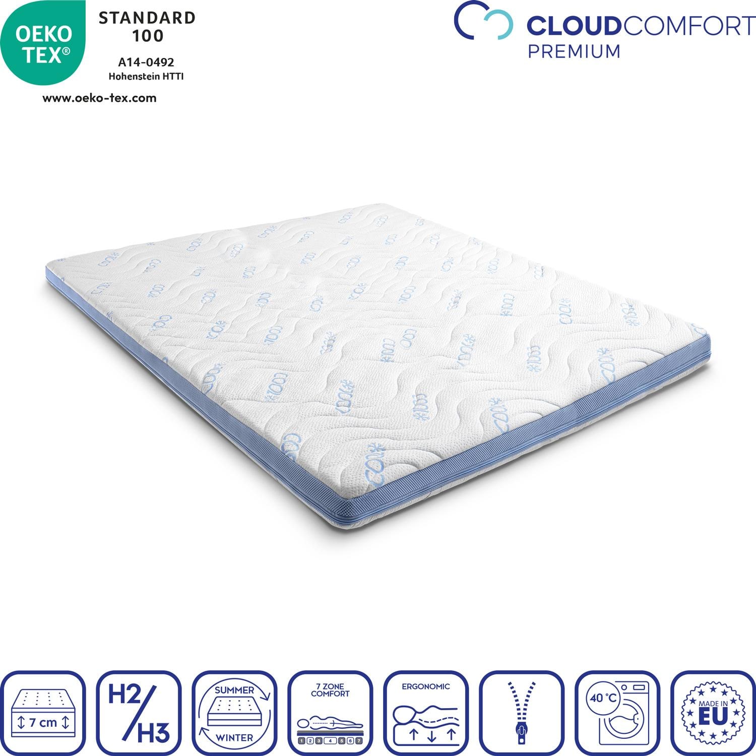 Cold foam topper CloudComfort Cool 140 x 200 cm H2/H3, height 7 cm, firmness level H2/H3, 7-zone topper with summer and winter side