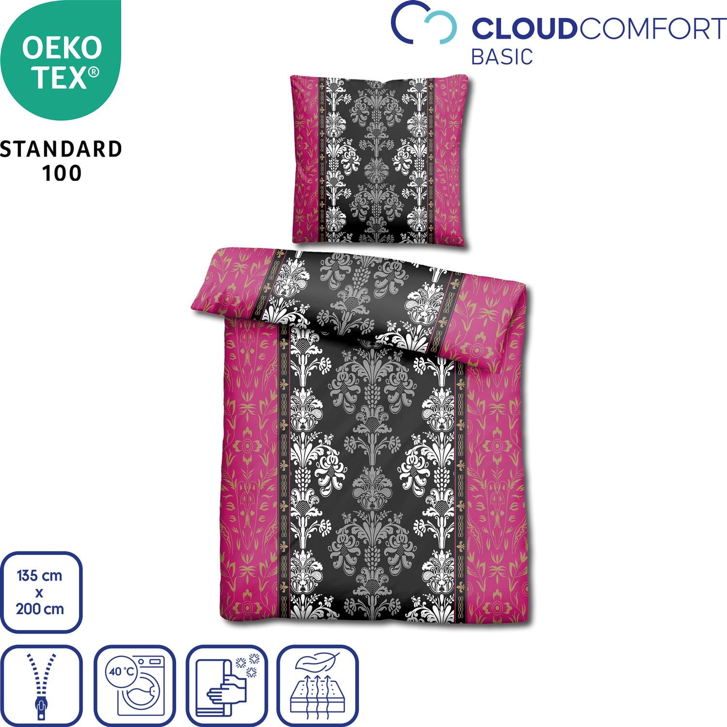 Features as icons – CloudComfort Basic microfiber bed linen black/pink 135 x 200 + 80 x 80 cm