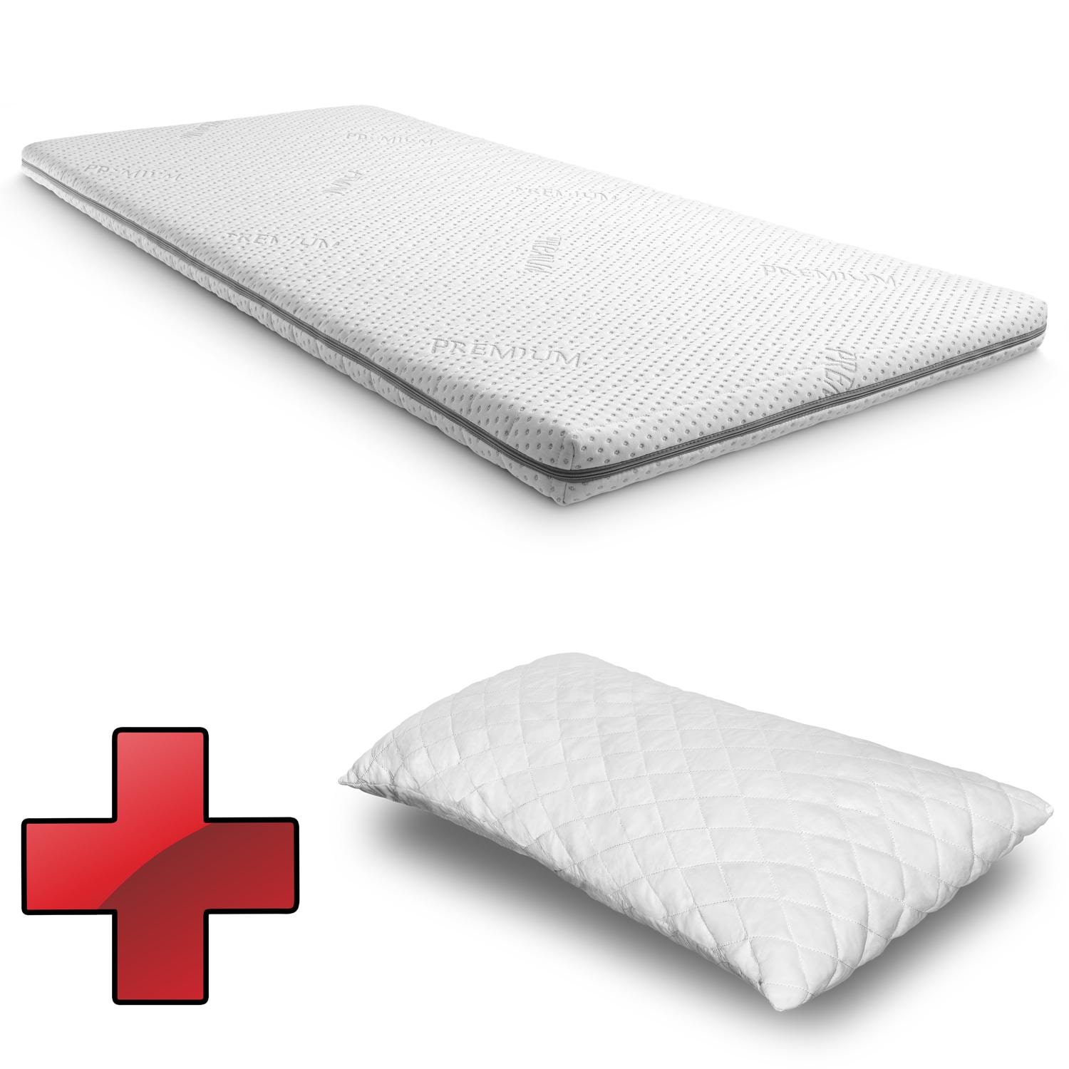 Supportho Premium Cold Foam Topper 80 x 200 cm H3, height 8 cm, firmness level H3 with antibacterial cover + CloudComfort Basic Gel Flake Pillow 40 x 80 cm