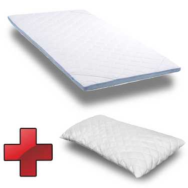 Cold foam topper CloudComfort Cool 90 x 200 cm H2/H3, height 7 cm, firmness level H2/H3, 7-zone topper with summer and winter side + CloudComfort Basic gel-flake pillow 40 x 80 cm