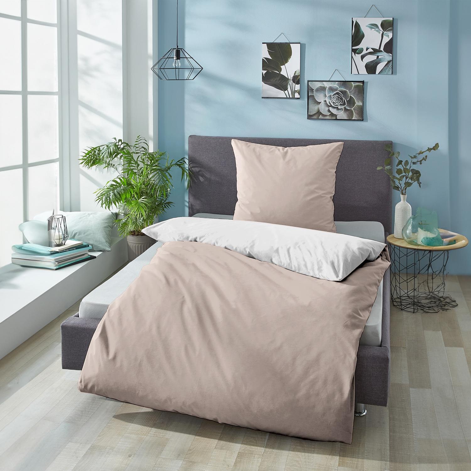 Double pack Sleezzz® Renforcé reversible bed linen beige/white 135 x 200 + 80 x 80 cm