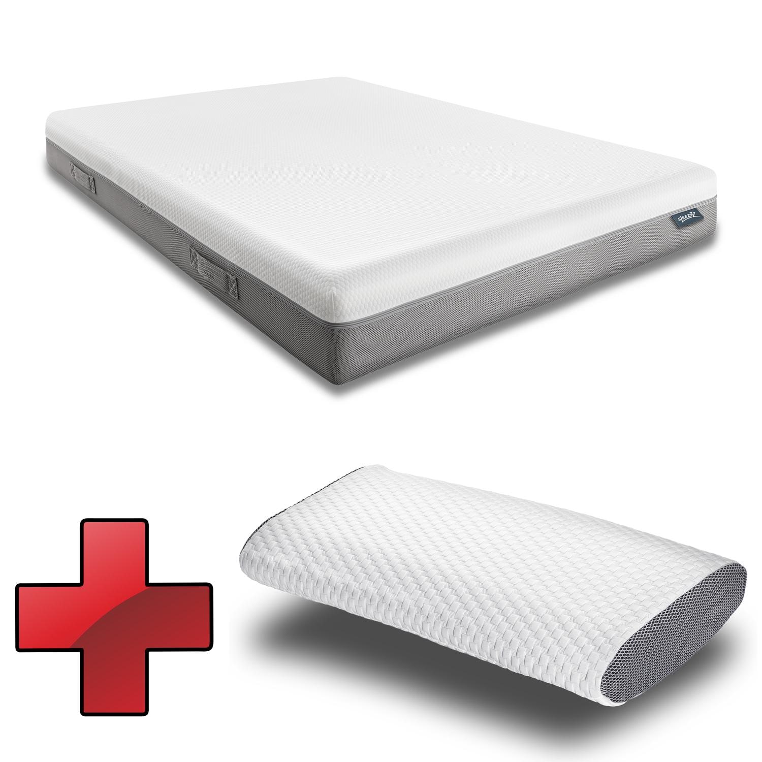 Στρώμα ιξωδοελαστικού τύπου Sleezzz Premium 140 x 200 εκ., ύψος 20 εκ., βαθμός σκληρότητας H2/H3, με λαβές αναστροφής + μαξιλάρι στήριξης αυχένα Sleezzz® Cool Gel-Schaum Kontur 40 x 60 x 16 εκ.