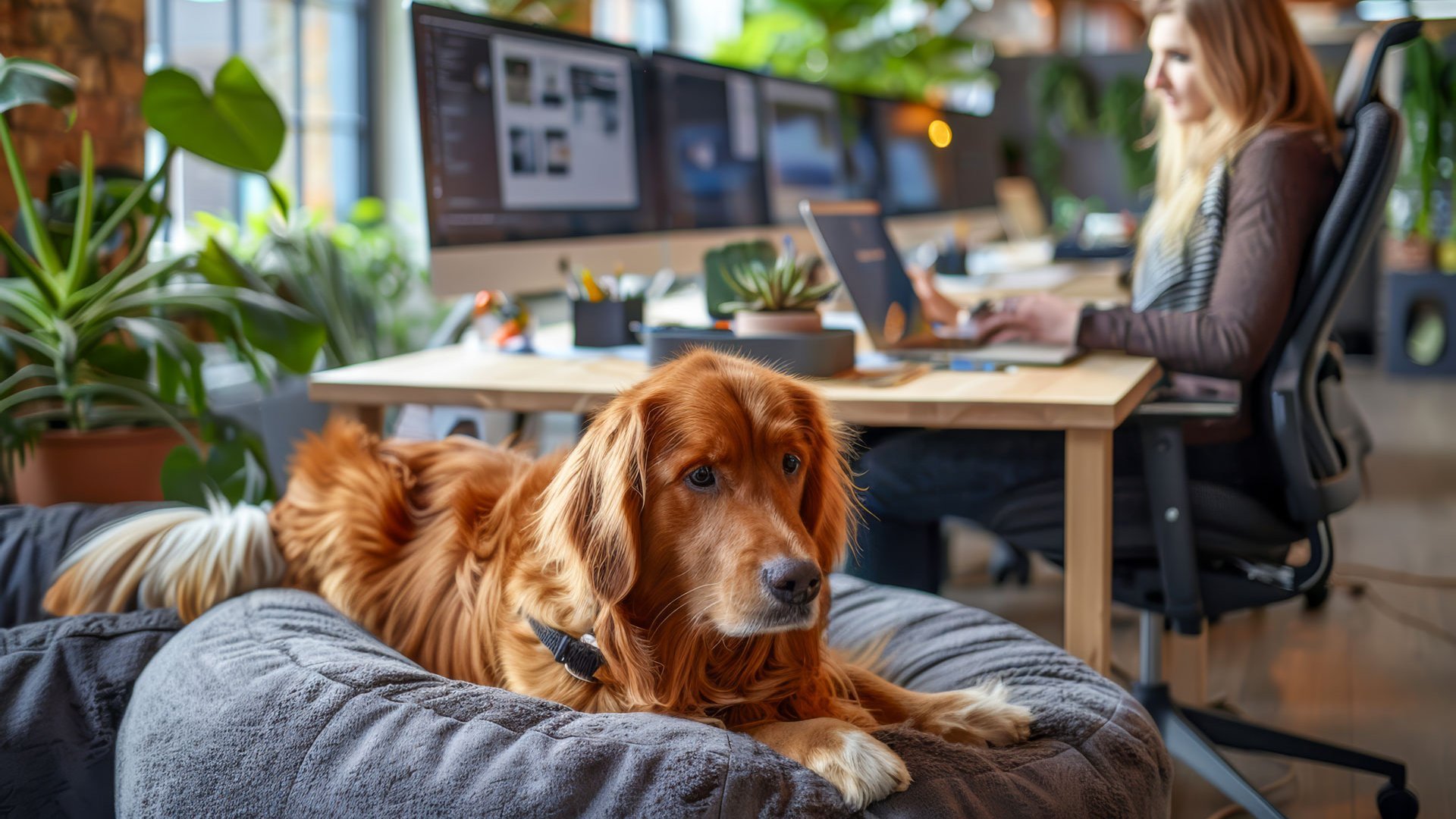 Hund im Hundebett im Büro 