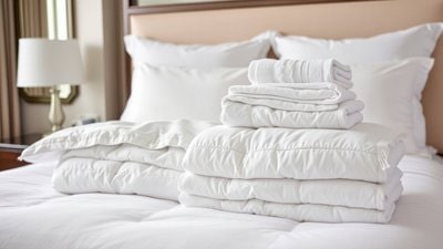 Frisch gemachtes Bett mit heller, sauberer Bettwäsche und Tageslicht