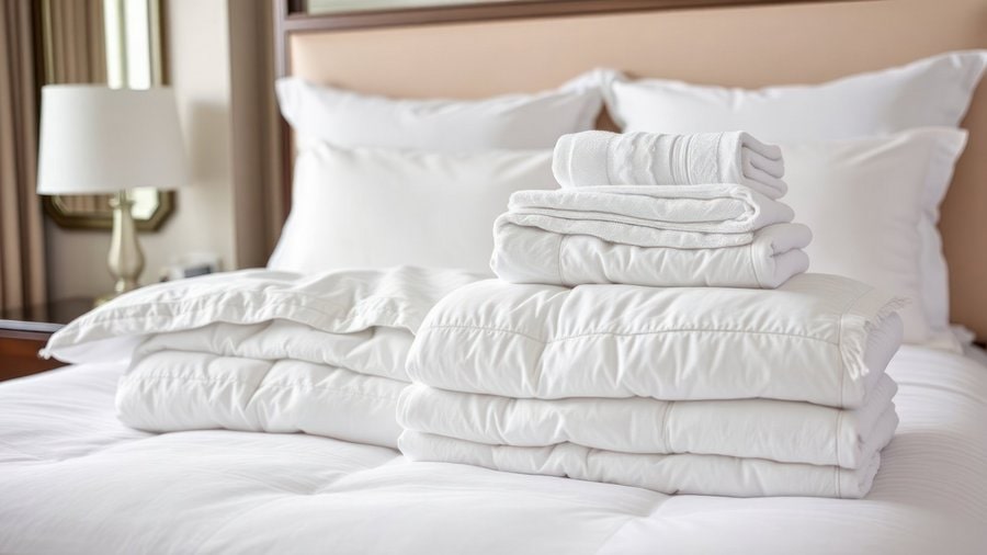 Frisch gemachtes Bett mit heller, sauberer Bettwäsche und Tageslicht