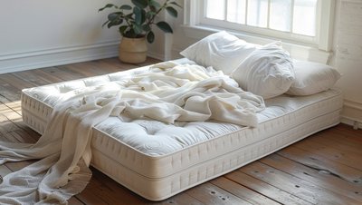 Minimalistisches Schlafzimmer mit Matratze direkt auf dem Boden, ohne Lattenrost, symbolisch für minimalistische Wohnkultur und den Verzicht auf traditionelle Schlafsysteme