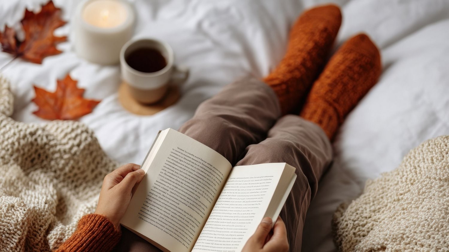 Kuscheliges Winterbett mit dicker Decke und warmem Licht im Schlafzimmer und kuscheligen Strümpfen